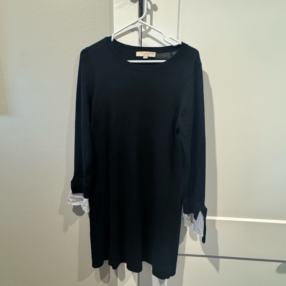 Women’s Loft Black Long Sleeve Sweater Dress with Striped Cuff Detail